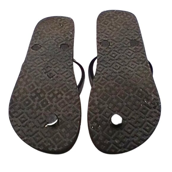 Tory Burch Flip Flops Womens 8 Black Gold Rubber Sandal Logo Vacation Resort - Picture 2 of 2